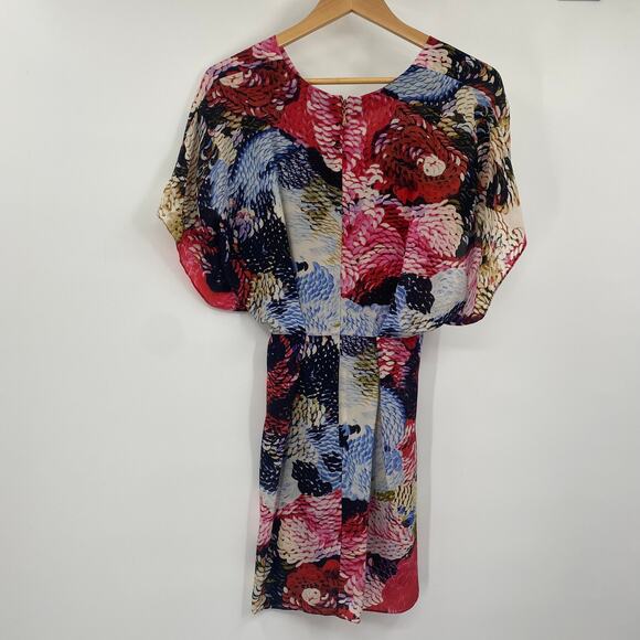 Anthropologie Leifsdottir Silk Mini Dress Abstract Print Dolman Sleeve V Neck 0 - Picture 5 of 9